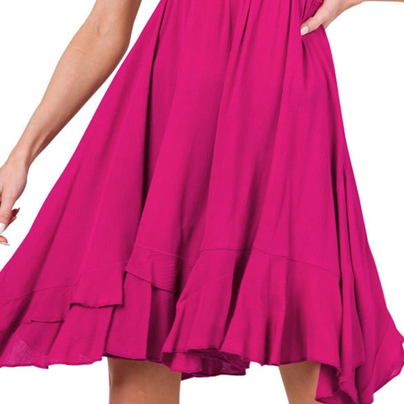 CROCHET LACE WITH WOVEN CRINKLE ASYMMETRIC RUFFLE TRIM CAMI DRESS - Picture 4 of 6